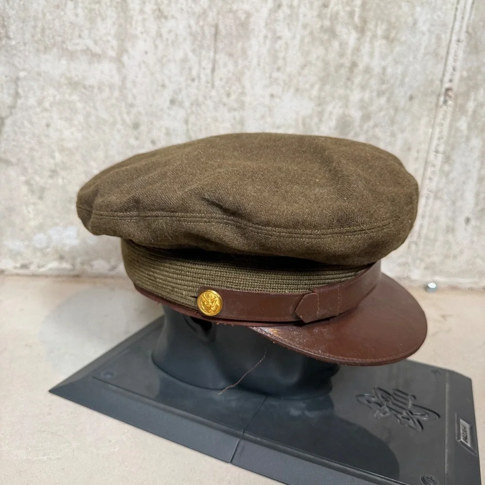 Vintage 1947 US Army Service Cap Frame Wool Olive Drab Leather Visor Size 7-1/8